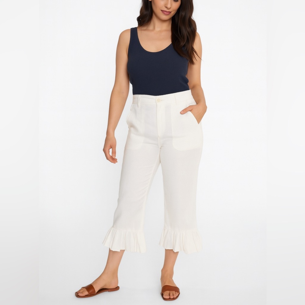 Zierra Leona White Ruffle Hem Wide Leg Pants XS
